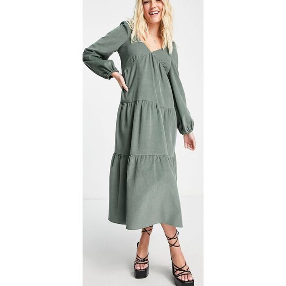 ASOS Design Tiered Cord Babydoll Dress Midi Smock Khaki Size 6 See Description - Picture 1 of 16